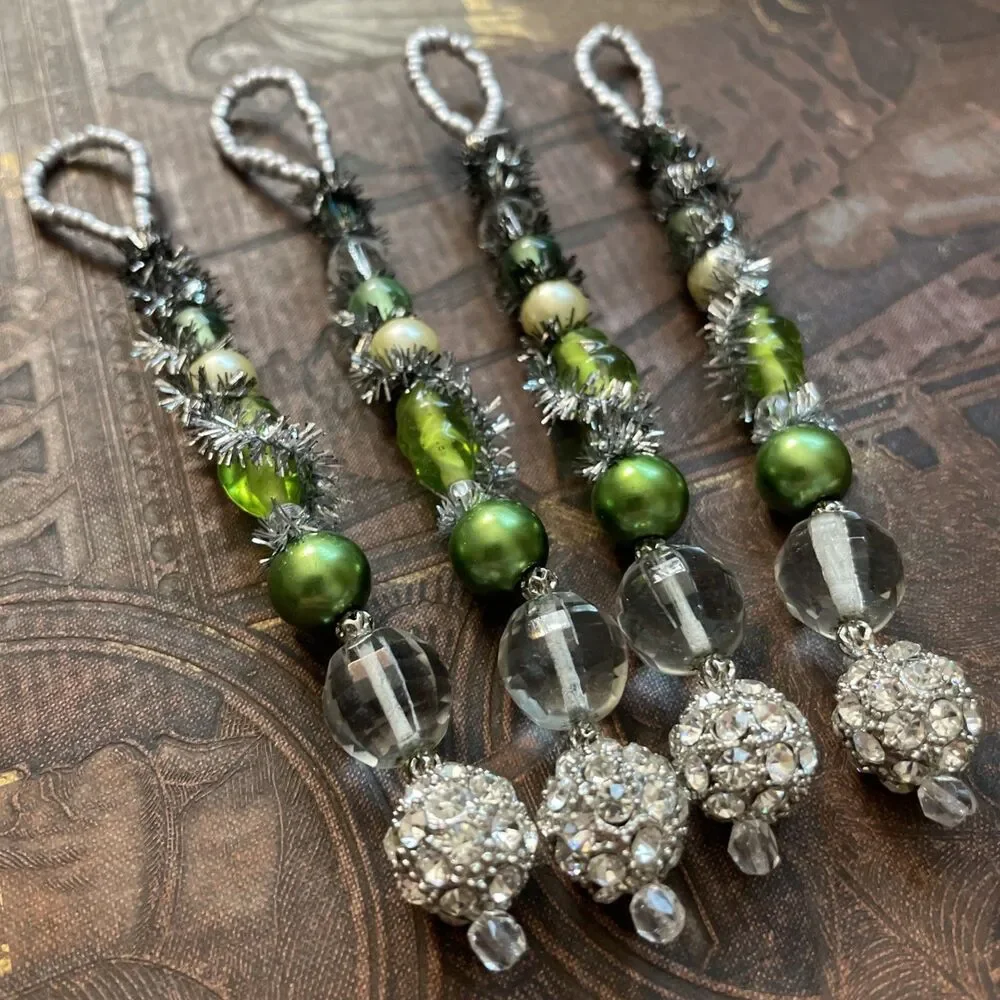 Green Beaded Christmas Ornaments 4 Pcs Victorian Style
